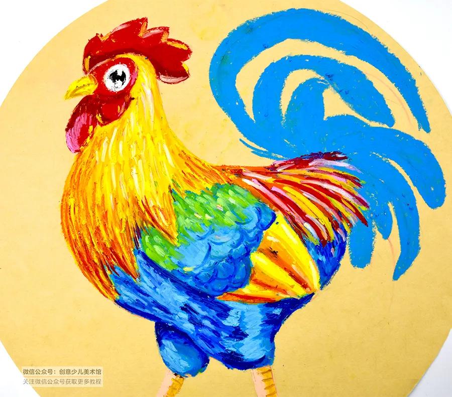 儿童画教程|油画棒技法练习《穿花衣服的大公鸡》