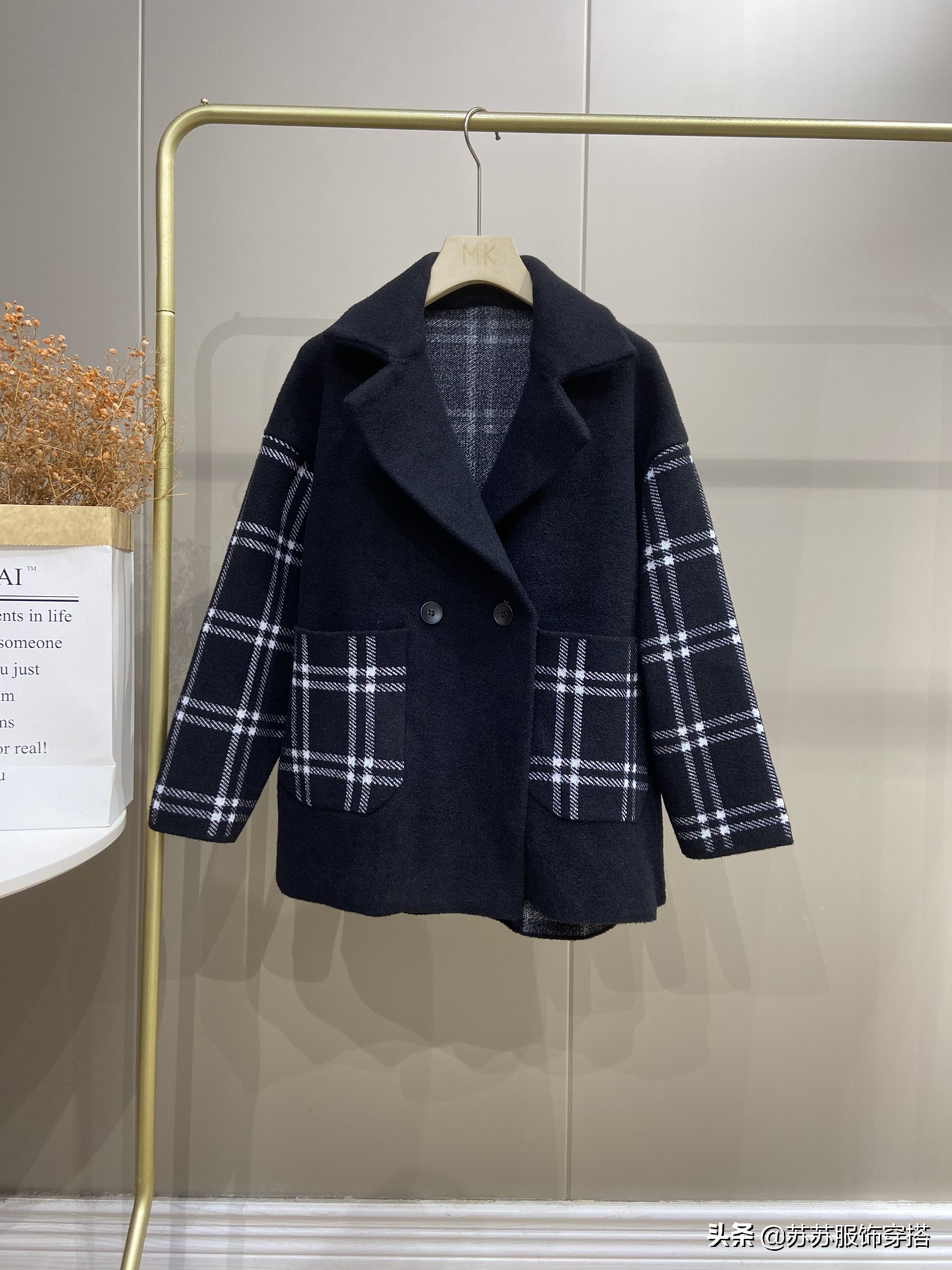 时尚西装领格子外套女秋冬新款韩版宽松小个子呢子大衣