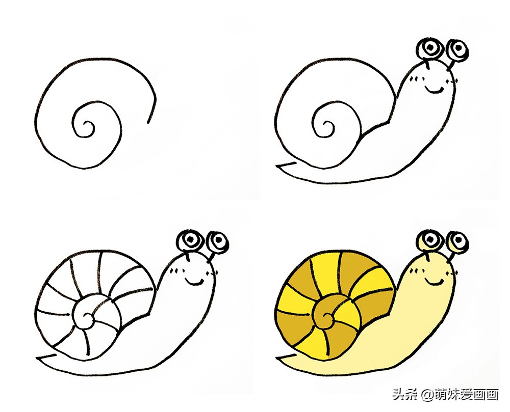 小蜗牛春夏秋冬四季创意画简笔画,蜗牛与鱼青蛙荷花创作一幅简笔画