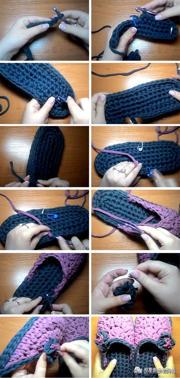 自己用毛线做布拖鞋,用布条线编拖鞋