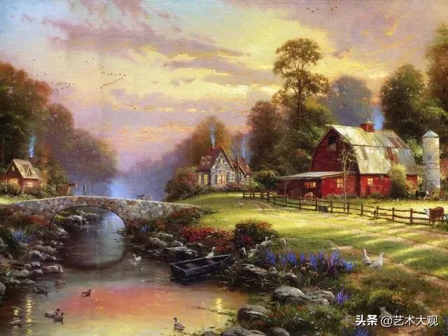 美式欧式田园风光油画,童话里的小屋子绘画