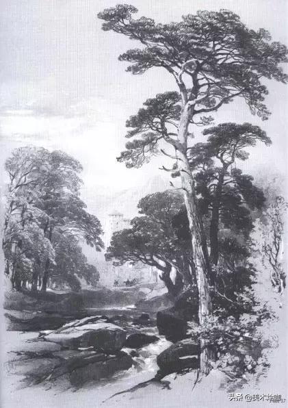 素描风景临摹高清大图简单范本,有山有水有倒影的素描风景图