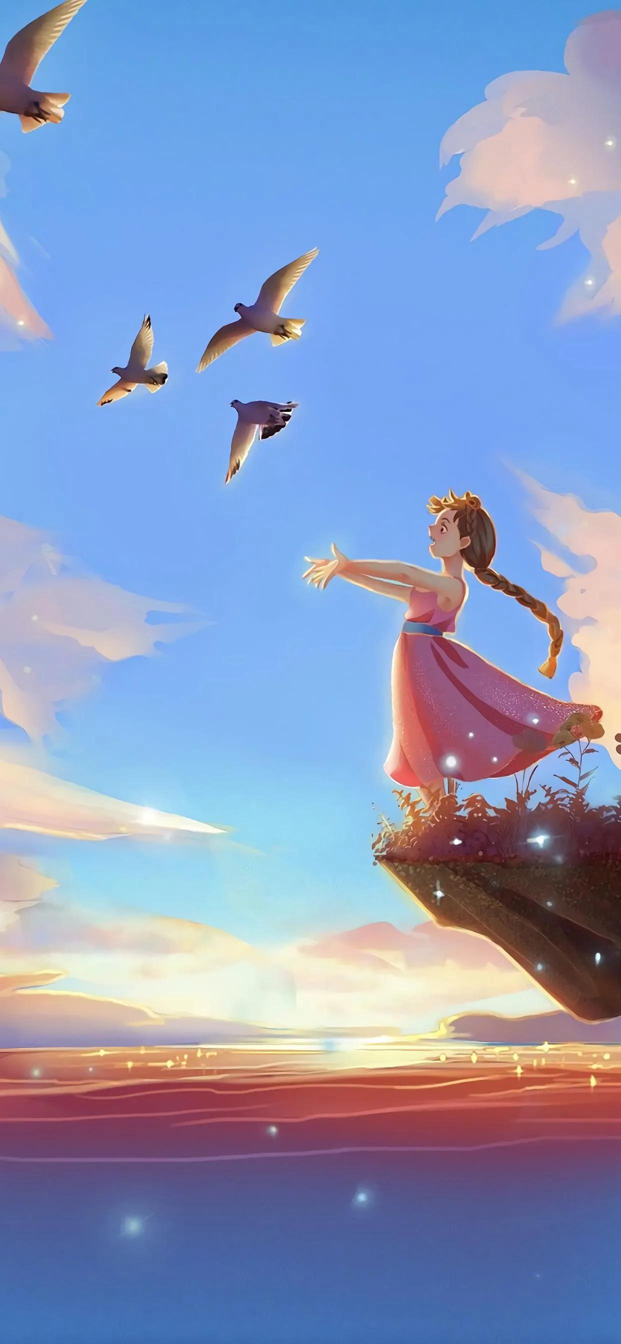 萌图100张可爱壁纸,春日海边小镇壁纸插画