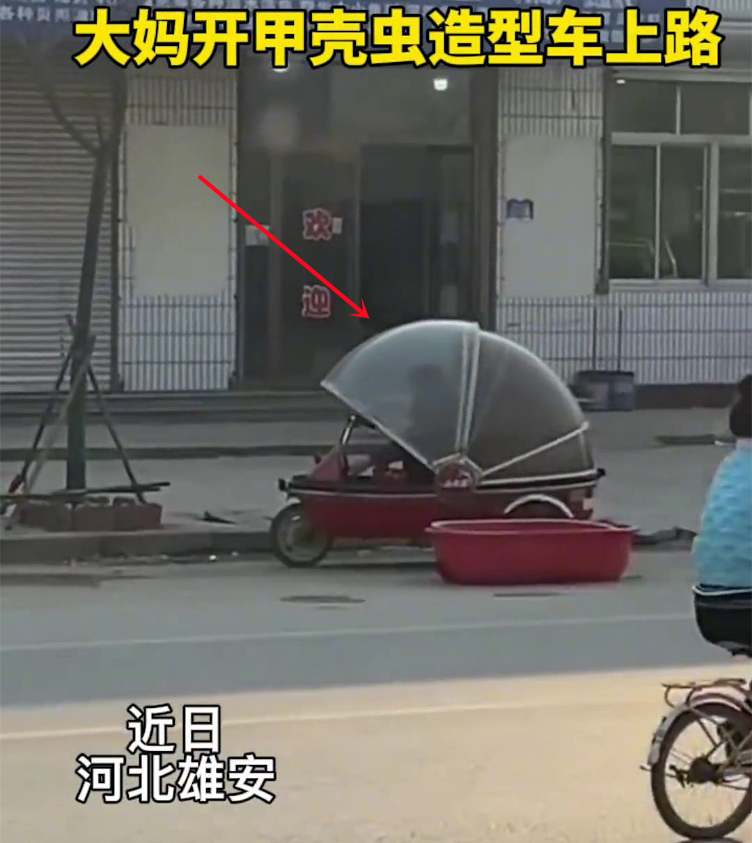 大妈街头开“三轮敞篷车”，造型酷似西瓜虫，网友：车篷自动开合