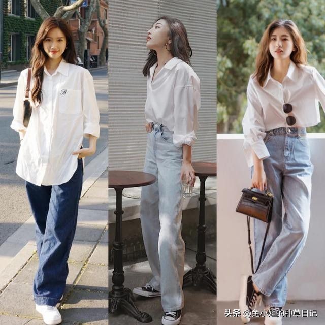 牛仔裤t恤衫时髦穿搭,白t恤与牛仔裤夏天最时髦组合