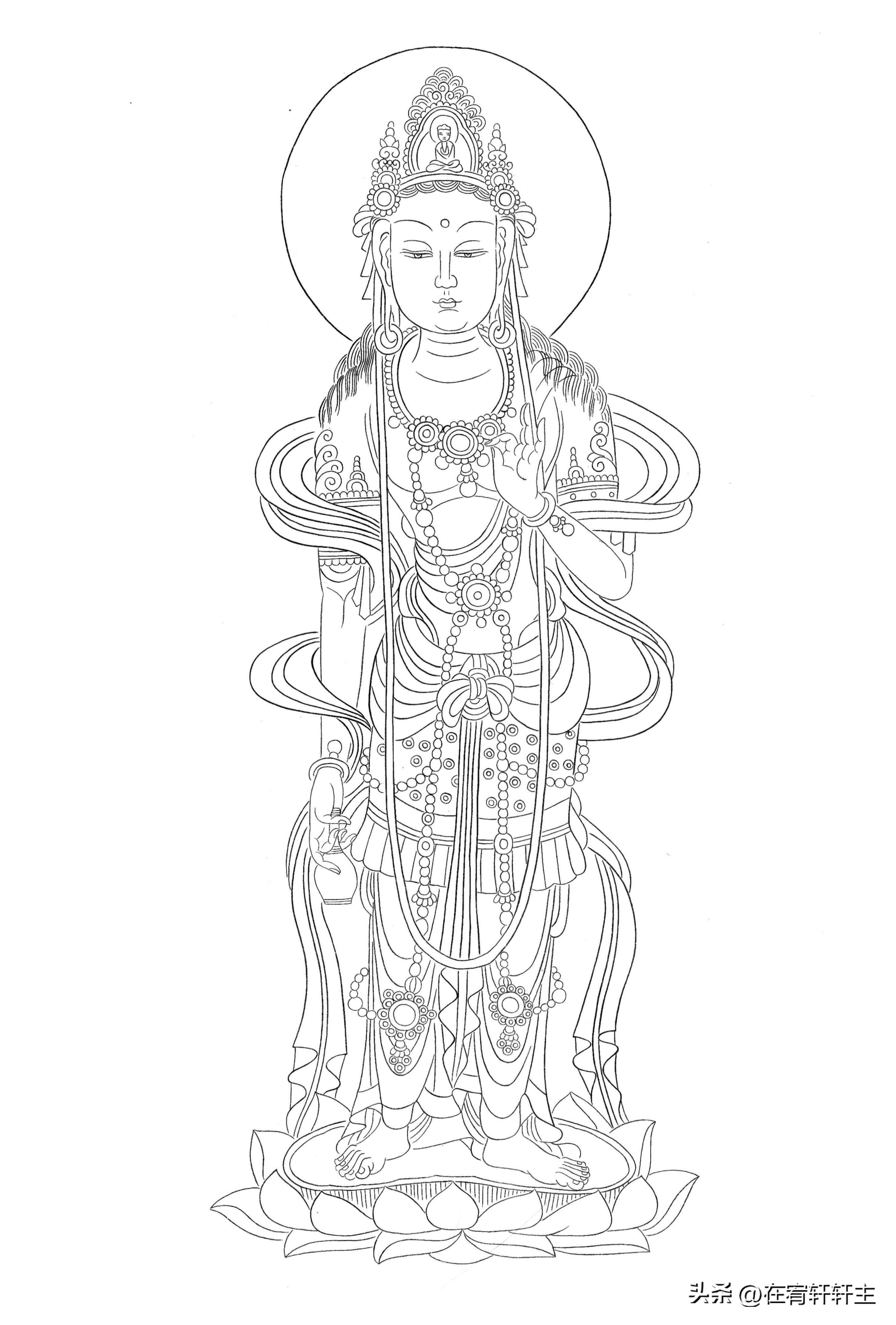 工笔白描观音苏柏斗,工笔画国画白描观音