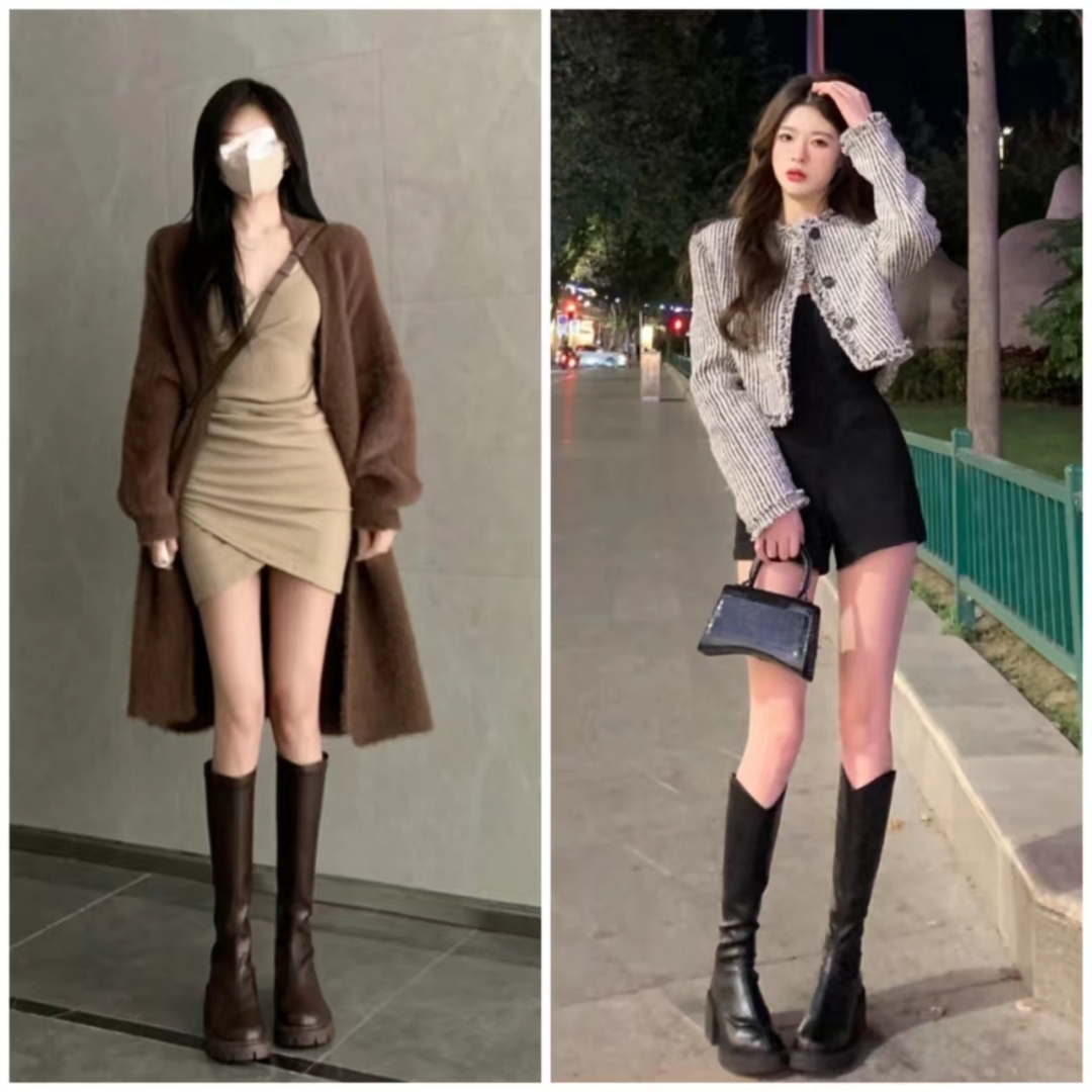 好穿又好搭时尚长筒宽靴,棕色长筒靴子女2022爆款洋气气质