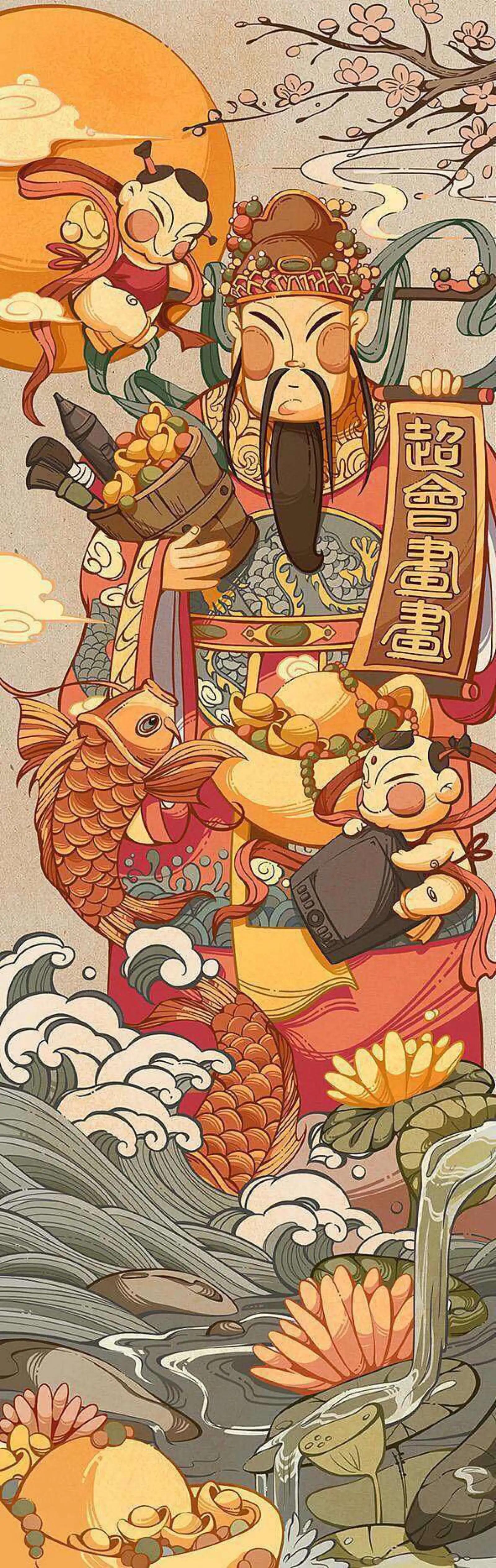 道家财神图片高清壁纸,五路财神高清壁纸长图道教