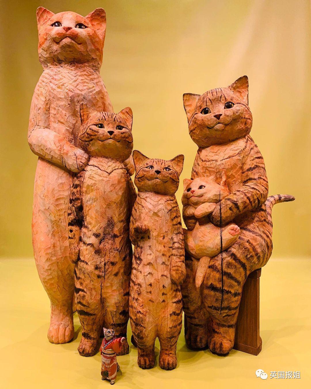 木头雕刻作品猫,手工雕刻木雕小猫