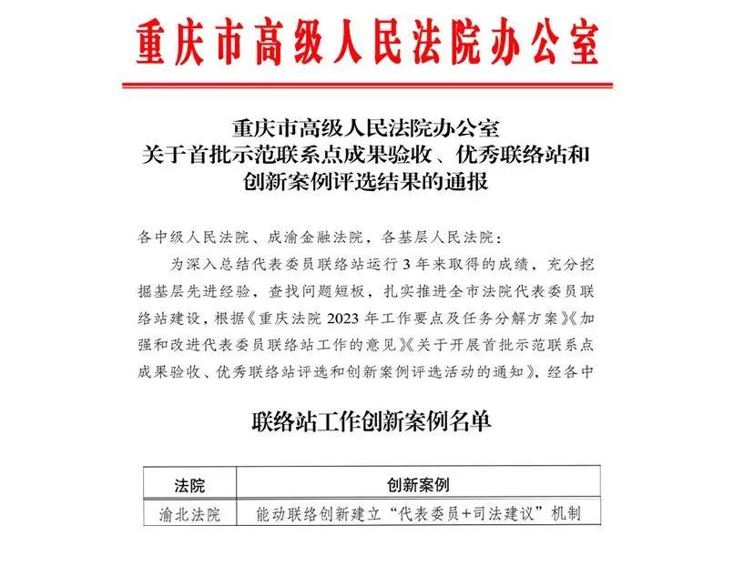 荣誉榜|渝北法院“代表委员+司法建议”工作机制获评重庆法院联络工作创新案例
