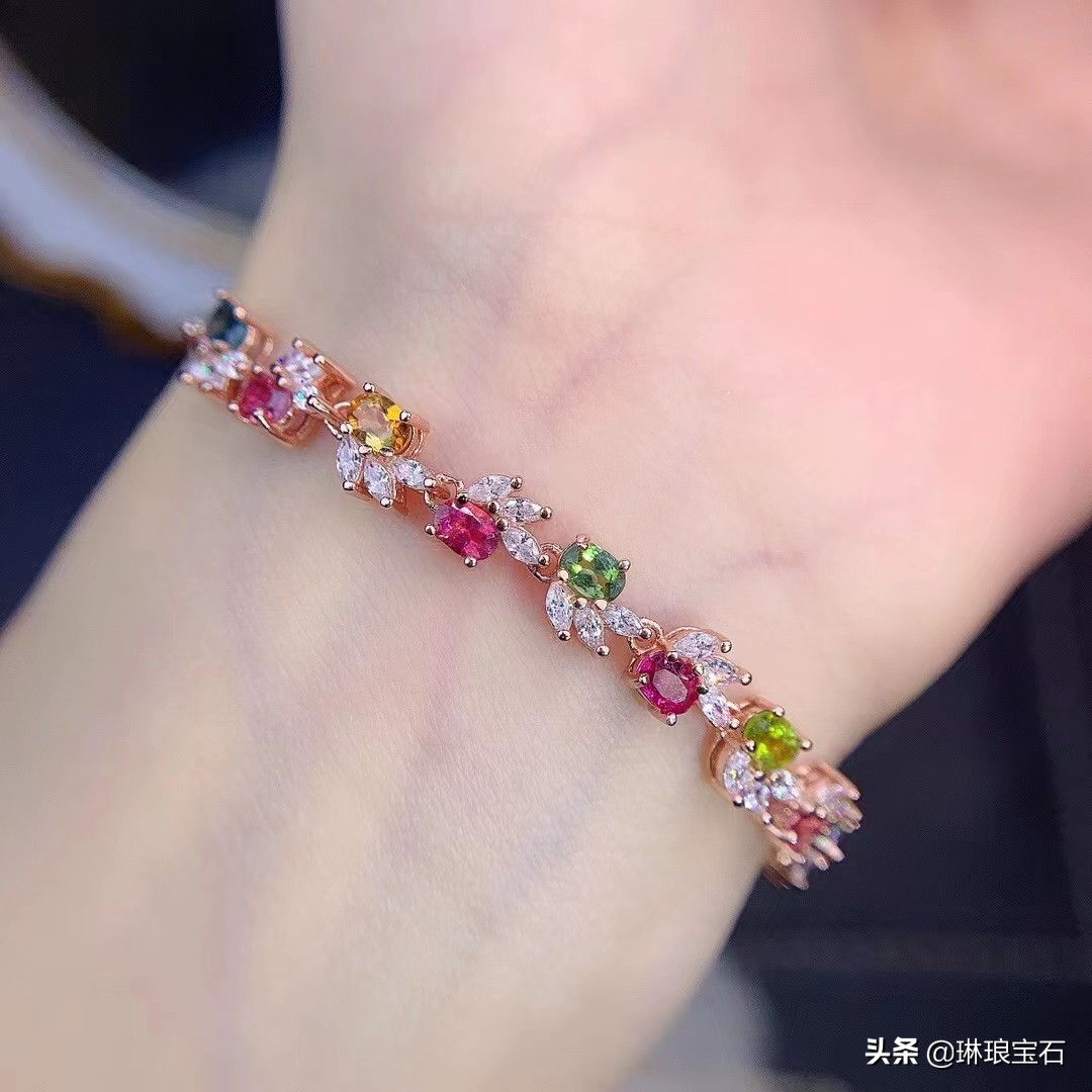 18k金天然碧玺手链长18cm可调节,纯天然彩虹亮色碧玺多圈手链