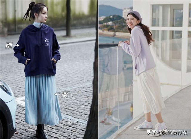 春天卫衣外面穿什么外套,春天粉色卫衣套黑色百褶裙穿搭