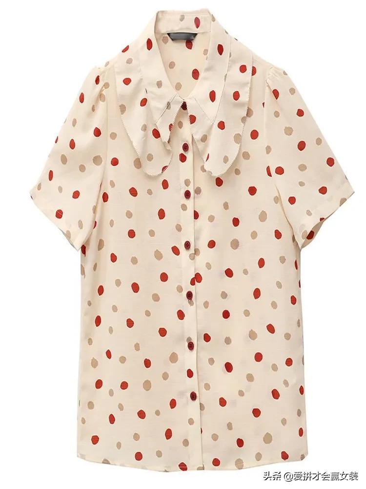 波点短袖衬衫飘带女款2022款时尚,雪纺衬衫女春季新款韩版宽松显瘦