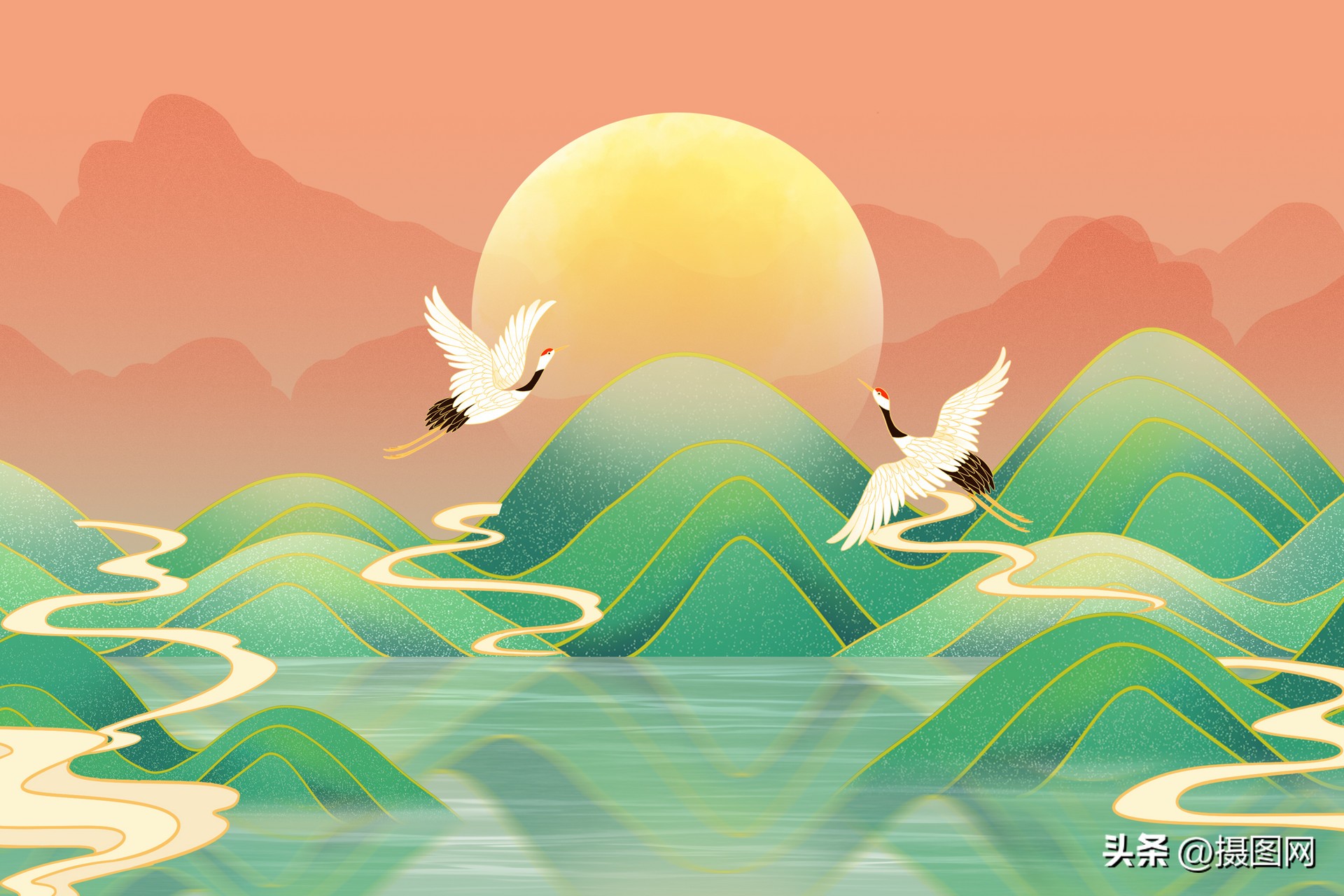 国潮风手绘山水设计素材图文,手绘国潮山水素材背景