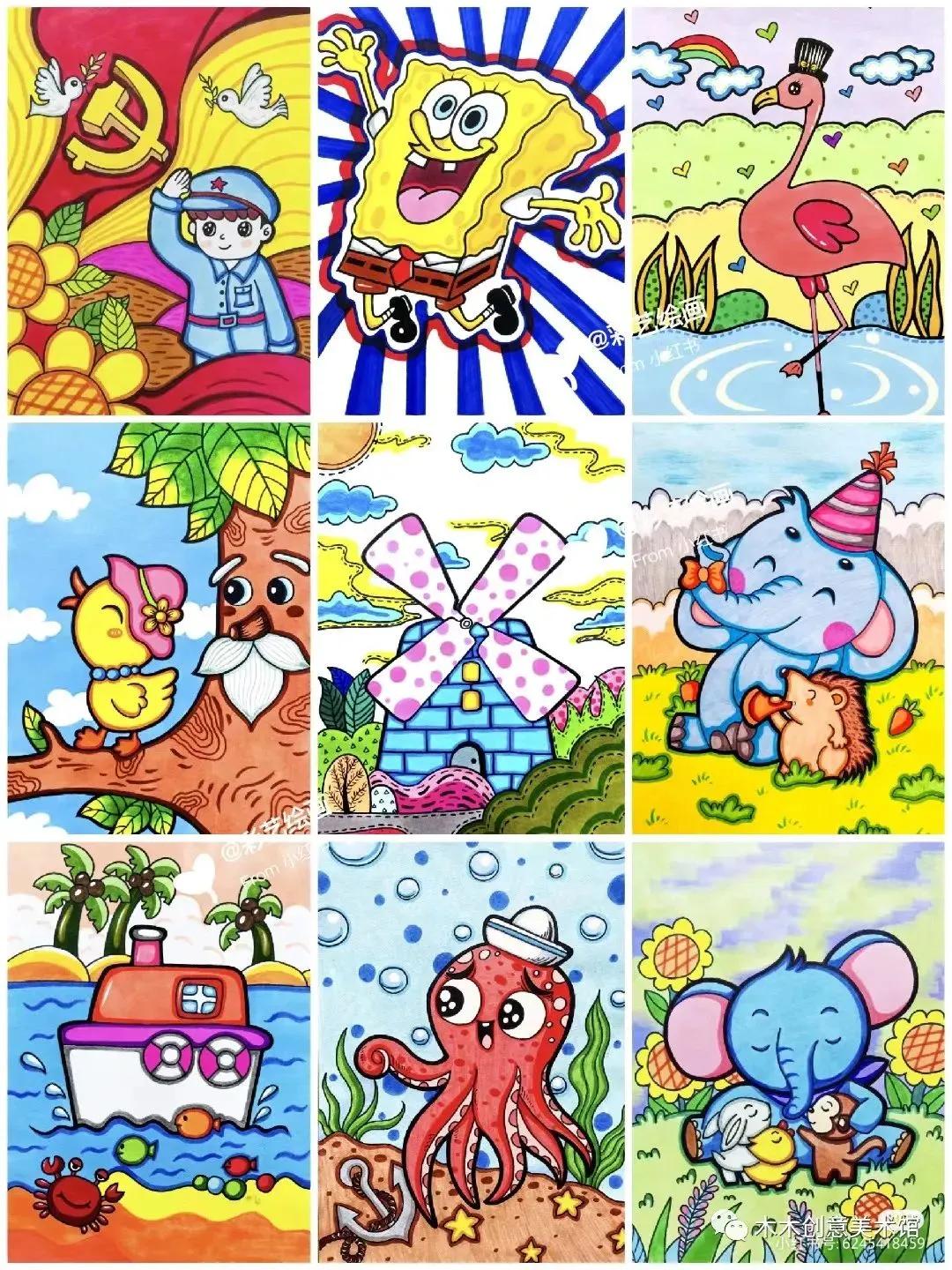 手绘临摹素材1000例马克笔儿童画,24色马克笔画画教程简单儿童