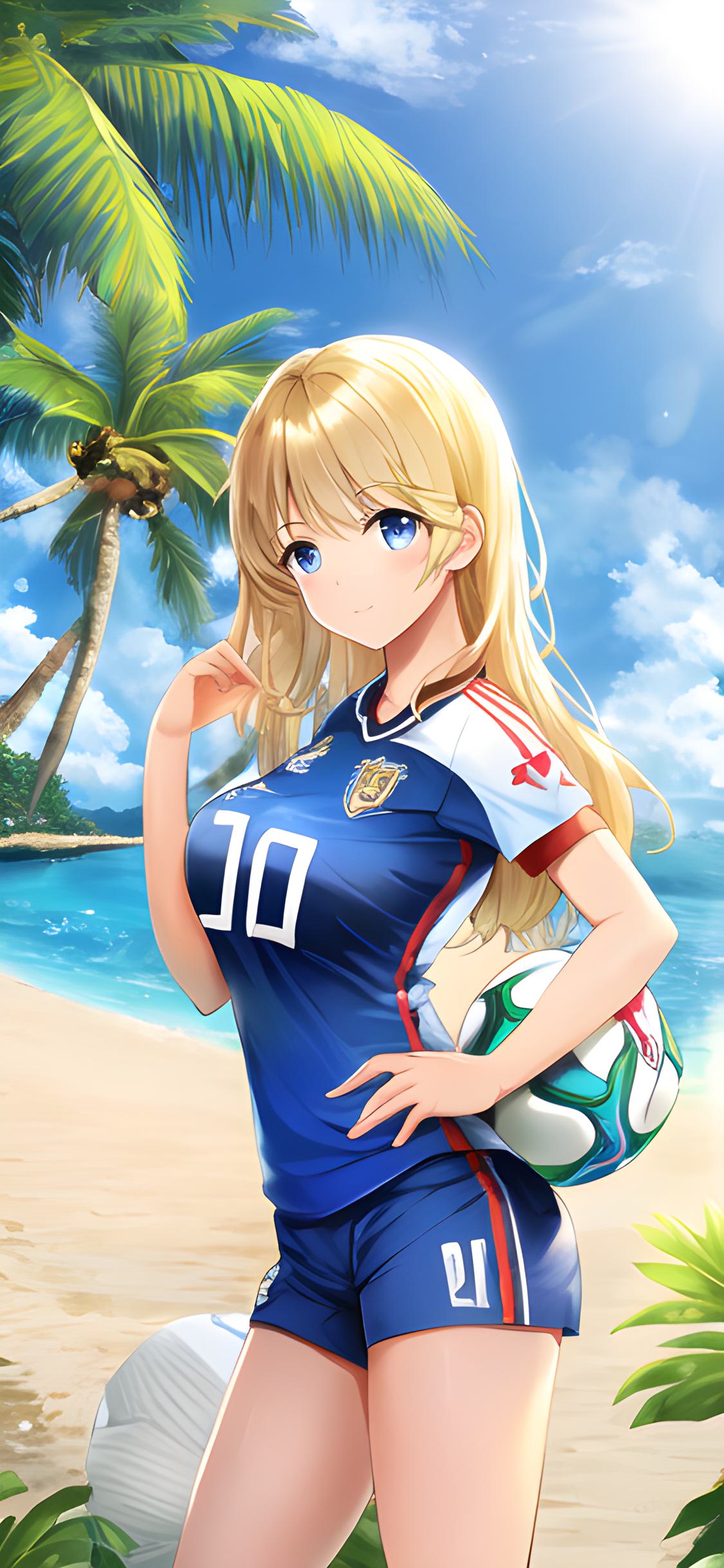 二次元美少女壁纸足球,ai绘画壁纸沙滩