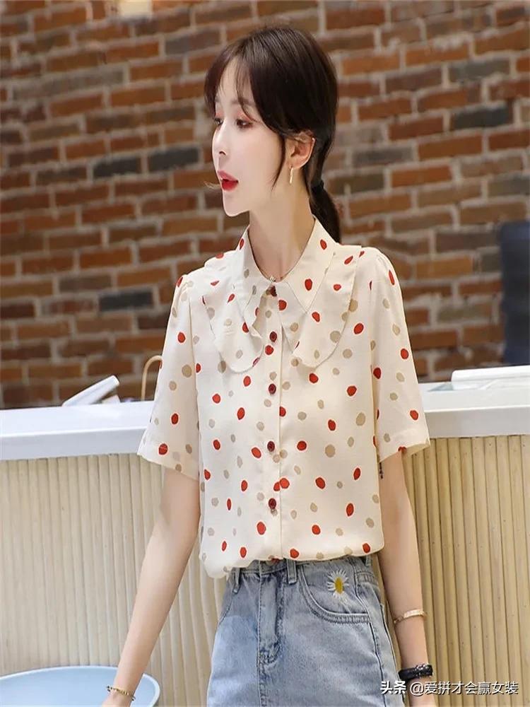 波点短袖衬衫飘带女款2022款时尚,雪纺衬衫女春季新款韩版宽松显瘦