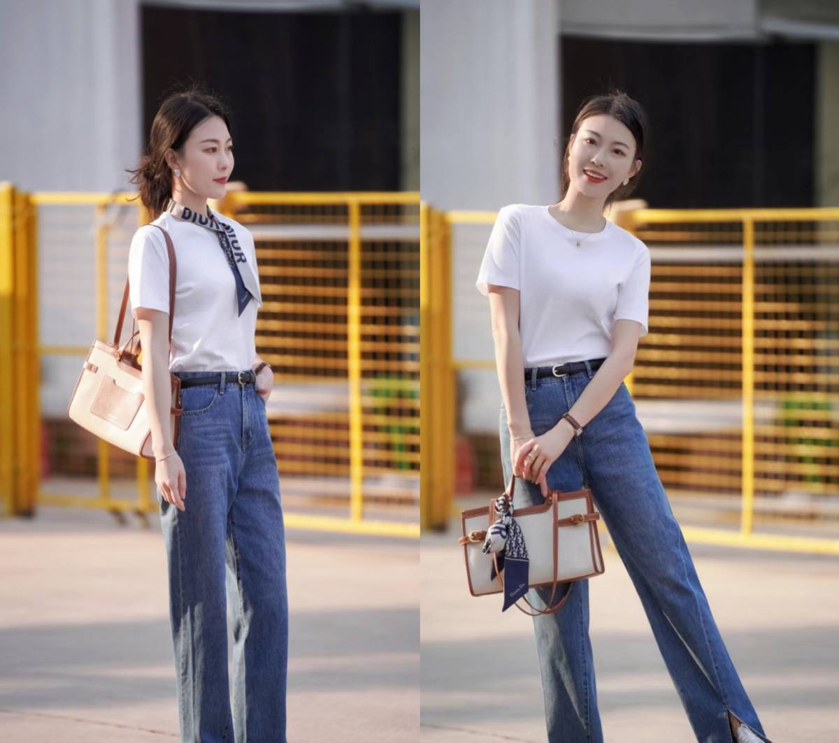 白色t恤搭配蓝色牛仔裤,夏季牛仔裤减龄穿搭