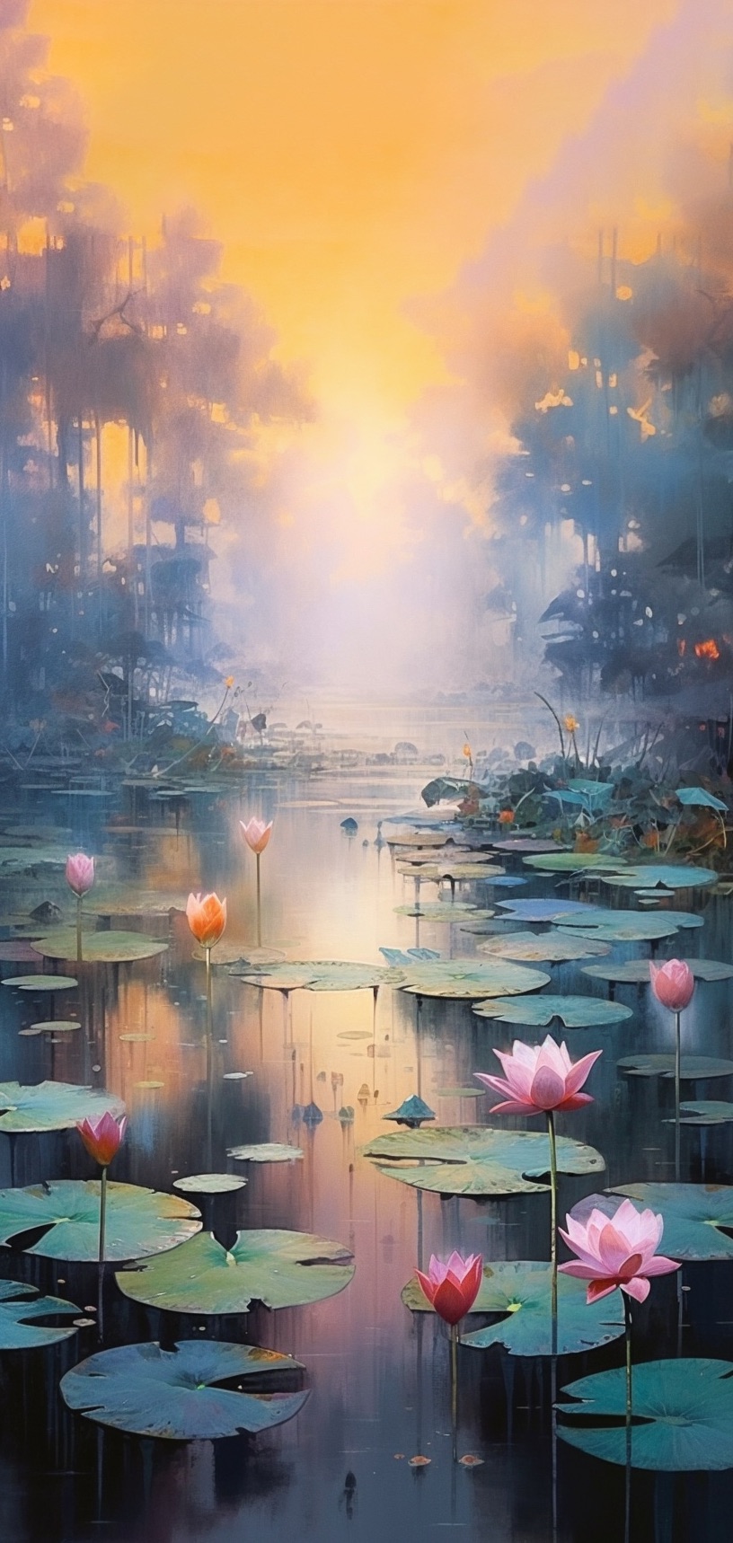 荷塘月色绝美油画,禅意荷塘油画