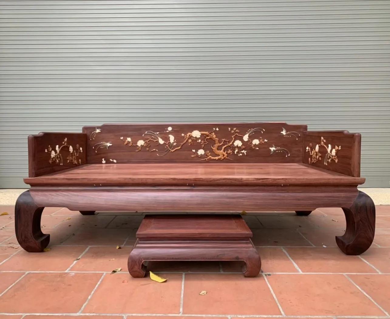 精品老料白酸枝罗汉床,独板东非酸枝罗汉床三件套价格