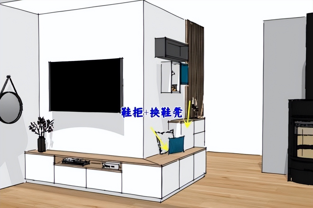 玄关转角柜,玄关背景墙和电视墙转角设计