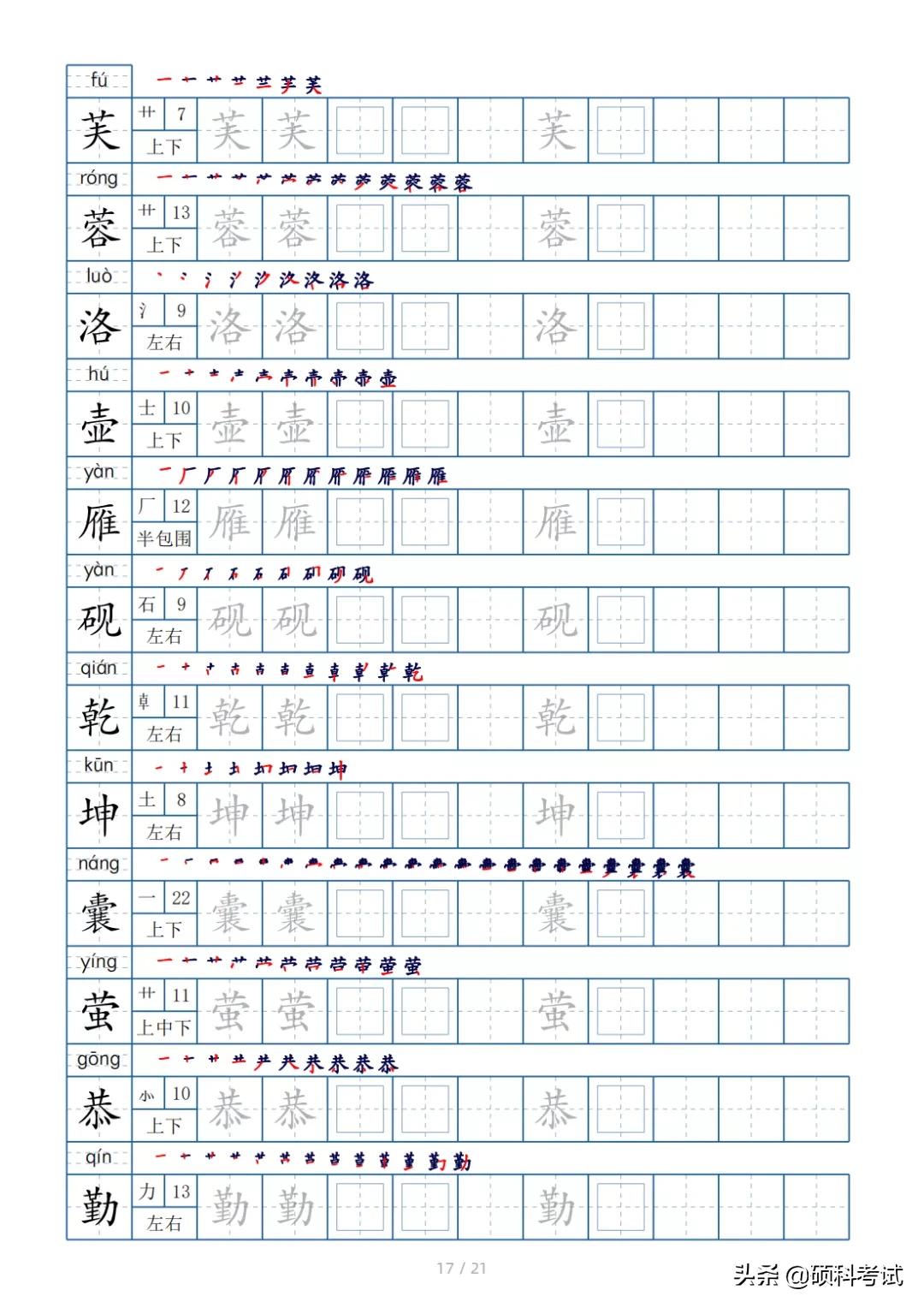 二年级上册语文生字偏旁笔顺练字,四年级下册的全部生字偏旁和笔画