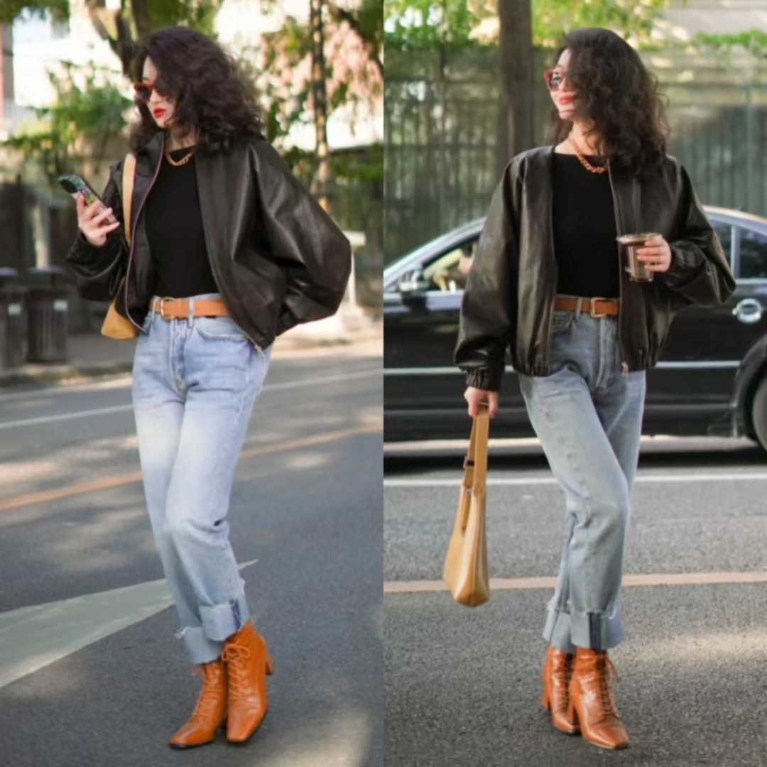 秋冬黑色宽松皮衣两件套,40-50岁洋气皮衣套装