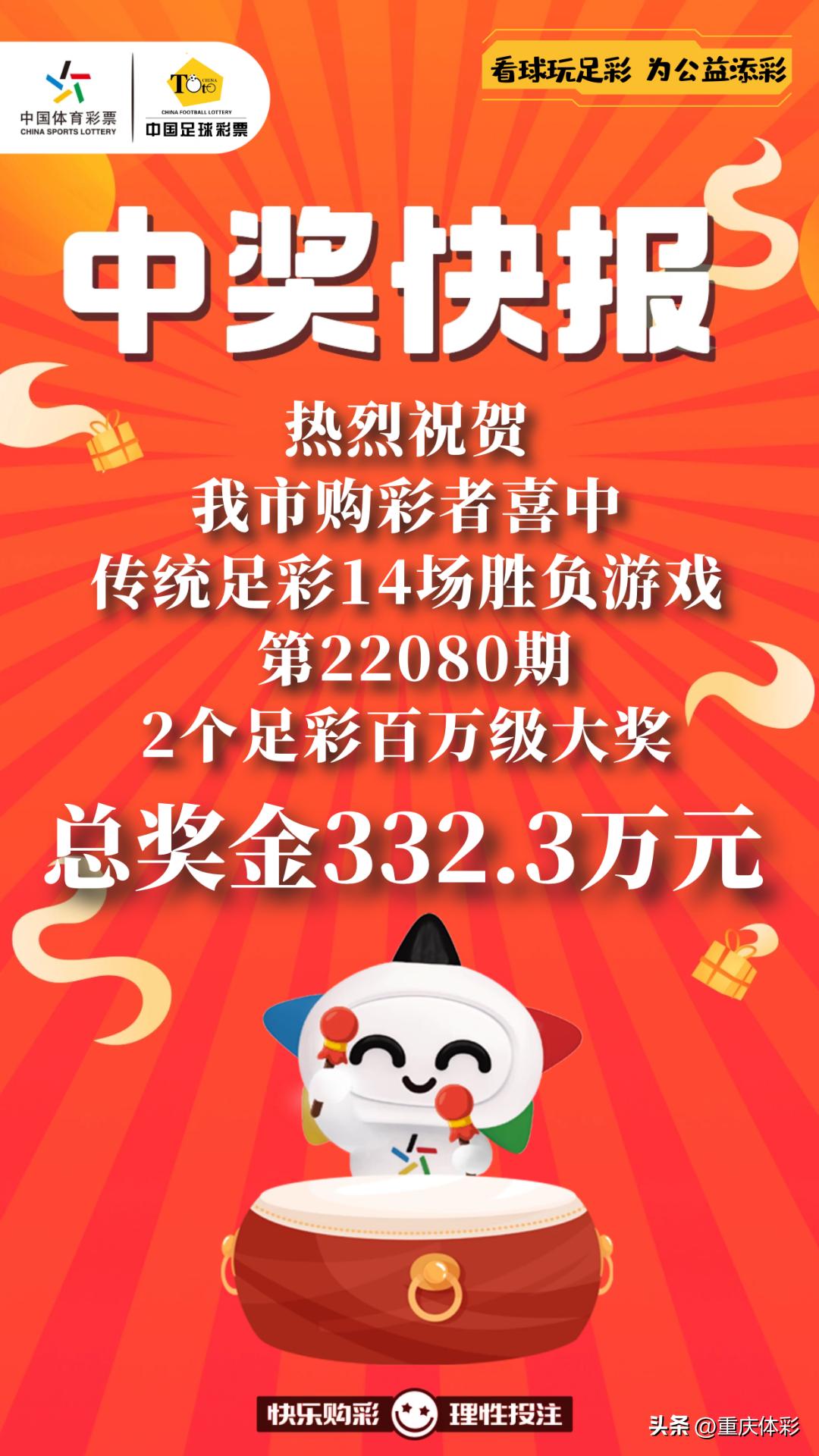 167.4万！164.9万！今日我市购彩者喜中两个足彩百万大奖