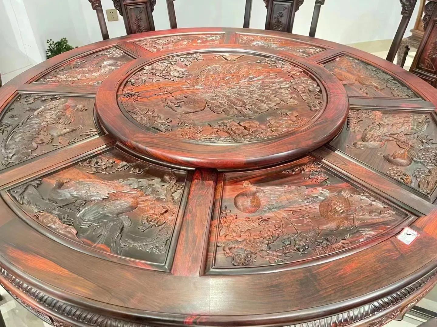 大红酸枝满雕餐桌,大红酸枝开屏餐桌