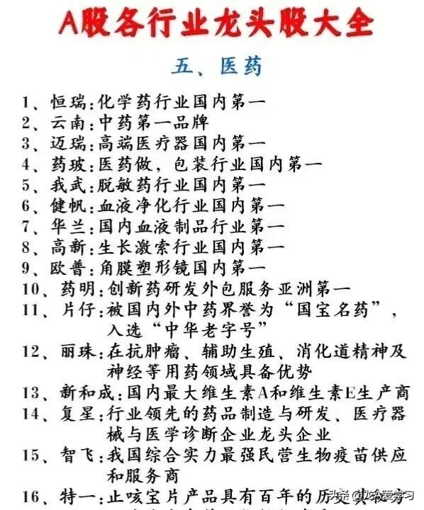 最新行业龙头股票一览表,最新行业龙头股附表