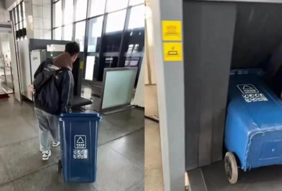 垃圾桶行李箱大学生,大学生买垃圾桶装行李原创