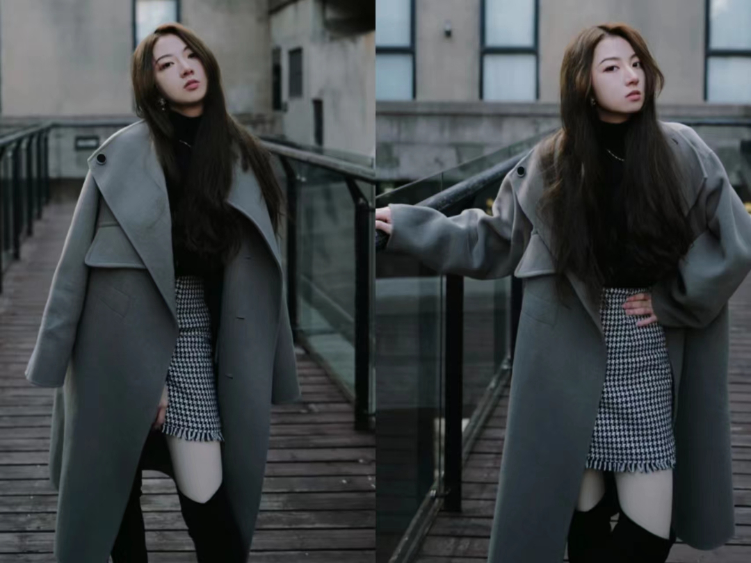 灰色大衣和黑色大衣哪个配jk好看,灰色双面羊绒牛角扣大衣小个子150