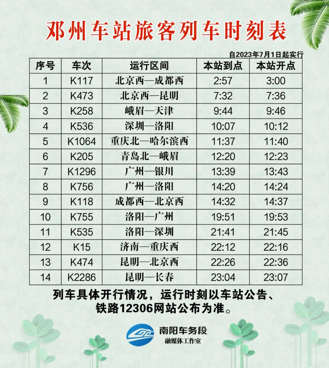 南阳列车时刻表最新消息,2024南阳站新列车运行图