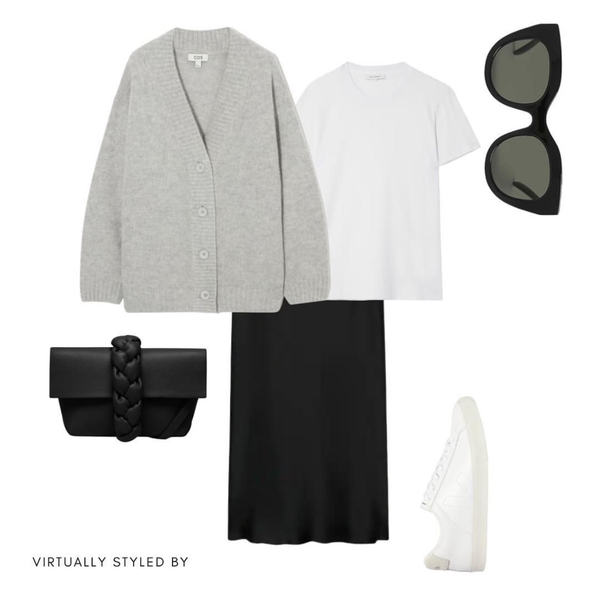 一款常规款半裙的多种风格搭配,灰色绸缎半裙搭配什么颜色上衣