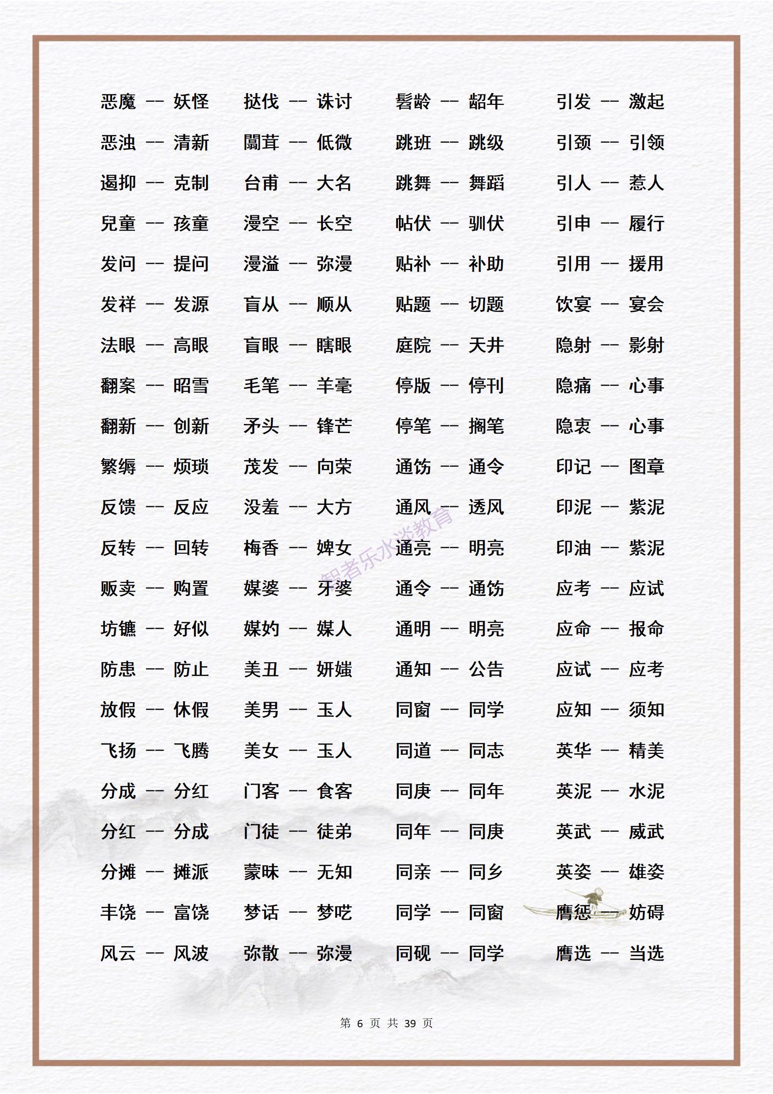 近义词大全1-6年级必背,近义词素材