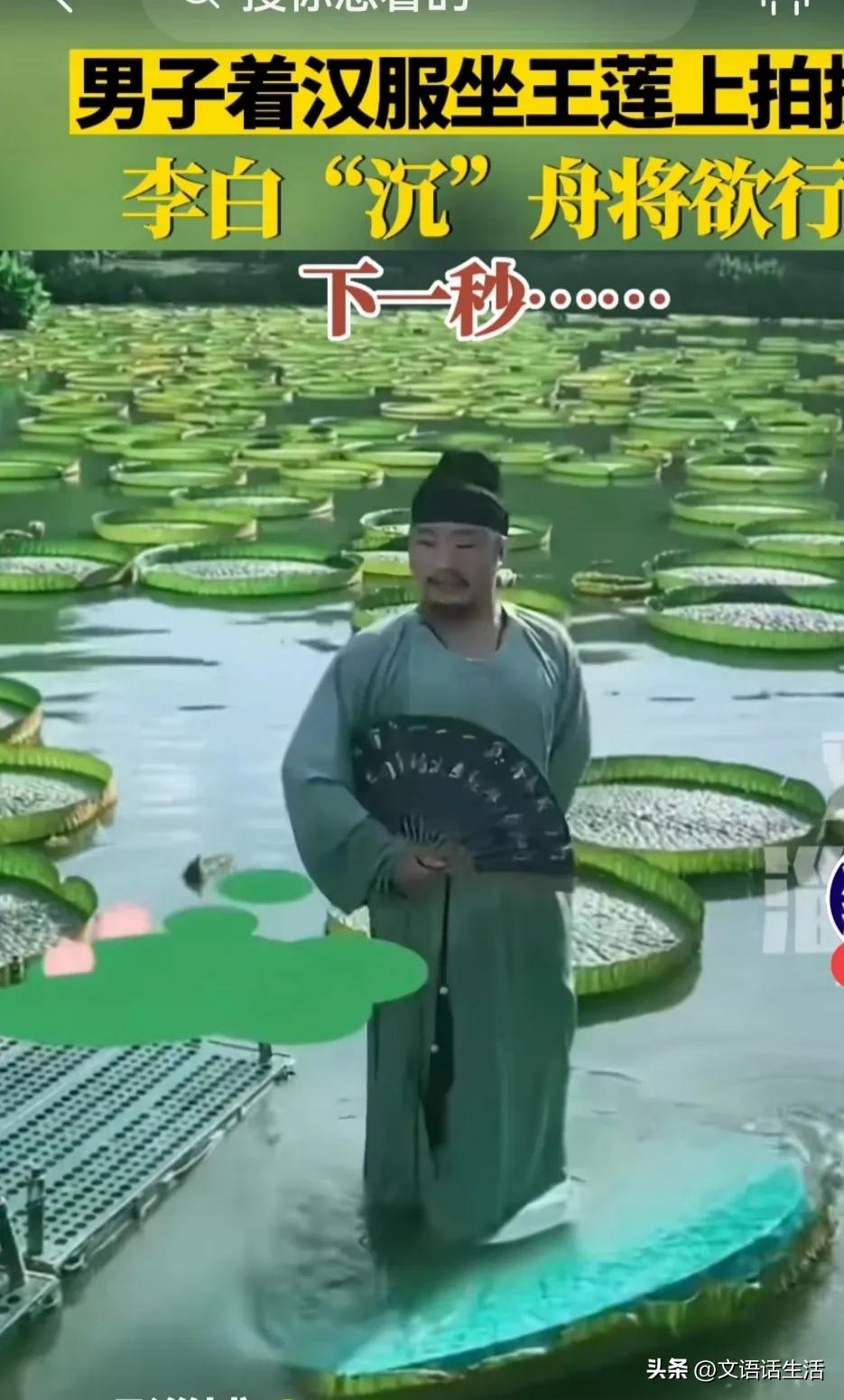 古装男子穿汉服站荷叶上,一男子穿着汉服