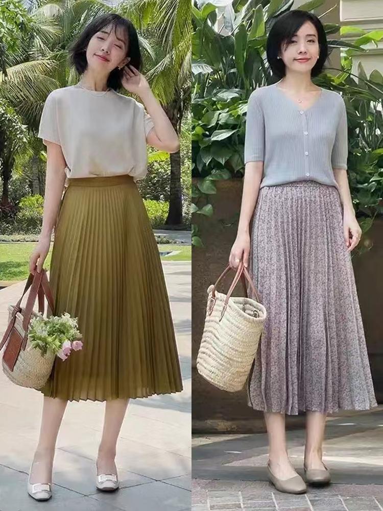 穿半截袖t恤,一字肩短袖针织衫配什么裙子好看