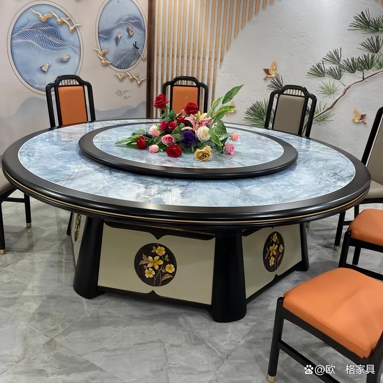 家用高档圆桌餐桌大理石,别墅高档电动餐桌时尚大理石圆桌