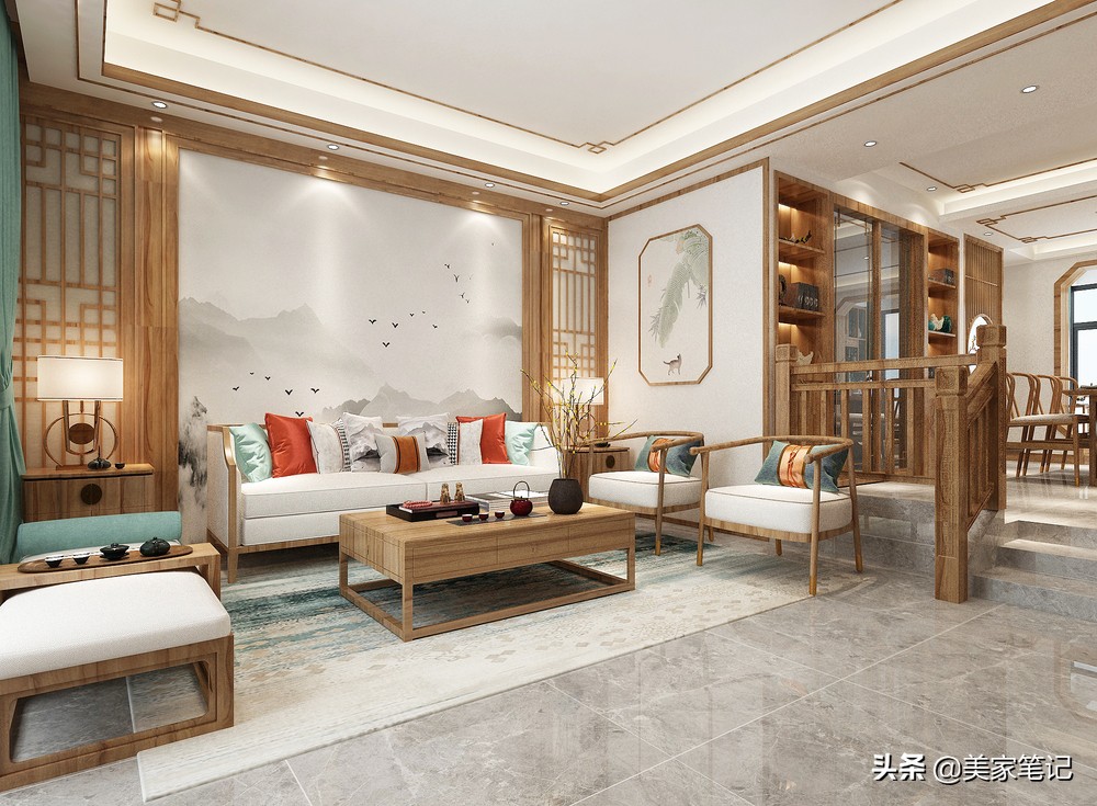 别墅新中式原木色禅意茶室背景,新中式原木色禅意风格装修效果图