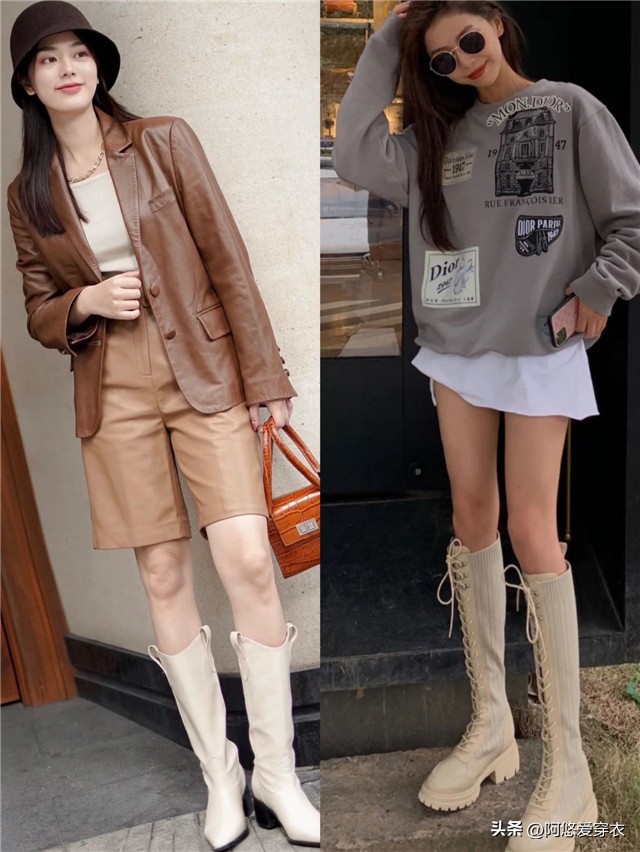 米色长筒靴秋冬穿搭,米白色马丁靴秋季穿搭