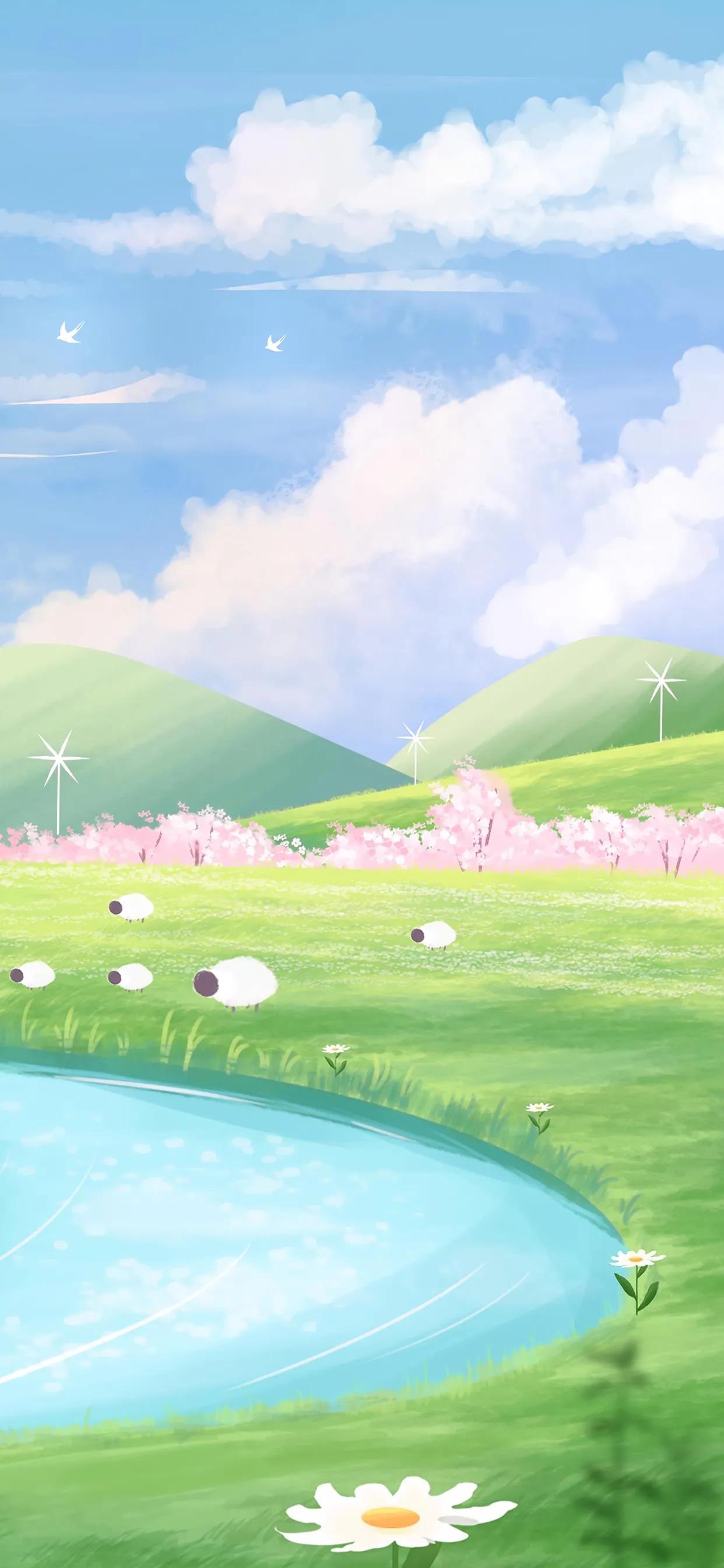 萌图100张可爱壁纸,春日海边小镇壁纸插画