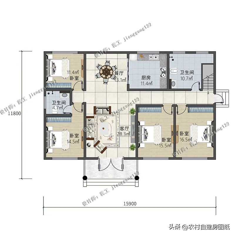 农村自建平房一层平层,一层农村平房户型设计效果图