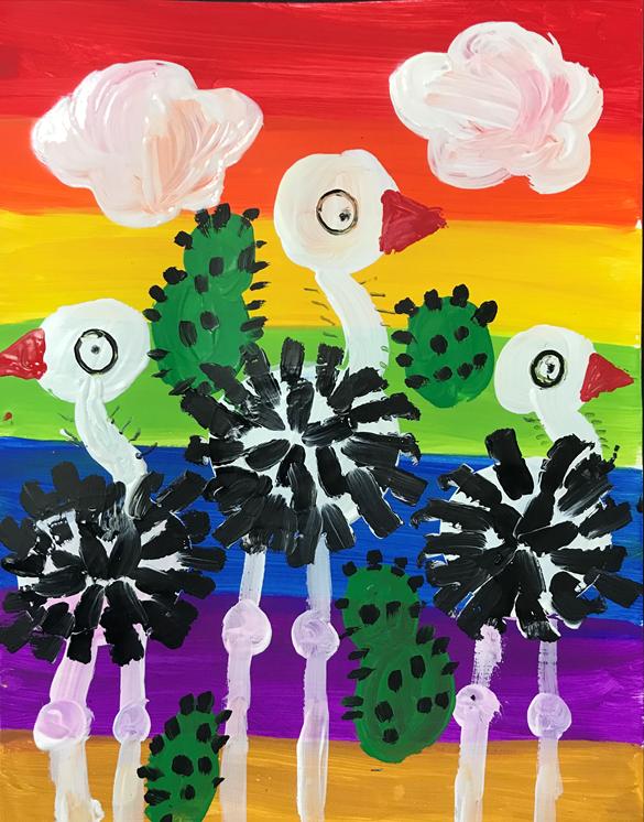 鸵鸟水粉绘画,快乐的鸵鸟水粉儿童画