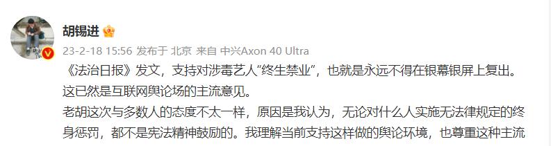 胡锡进：我反对终生禁止*毒涉**艺人复出这种行为已违法