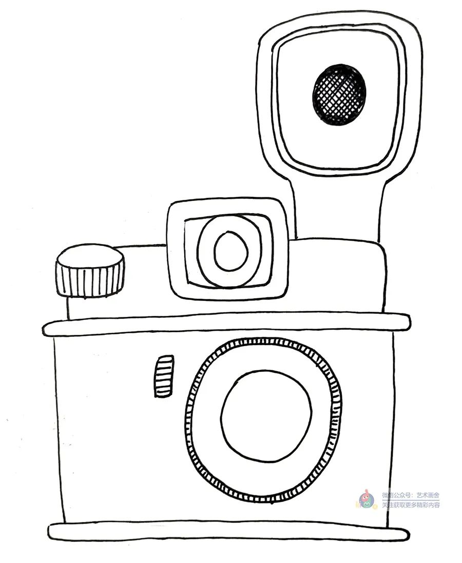 照相机儿童画教程,剪刀画法创意儿童画加背景