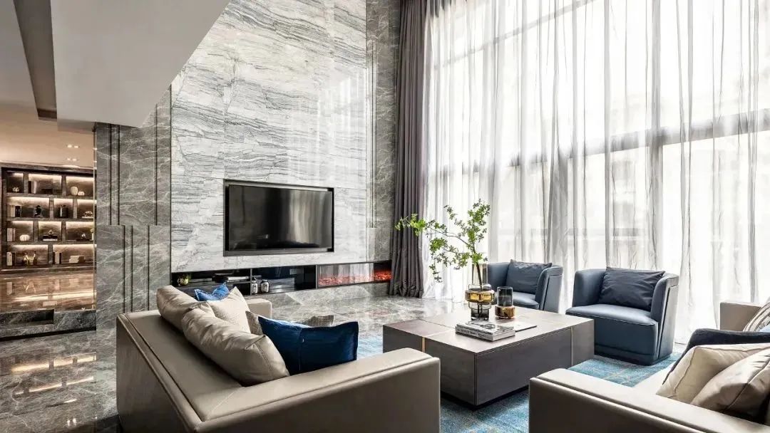 大理石电视背景墙现代简约黑白灰,新中式高级灰大理石电视背景墙