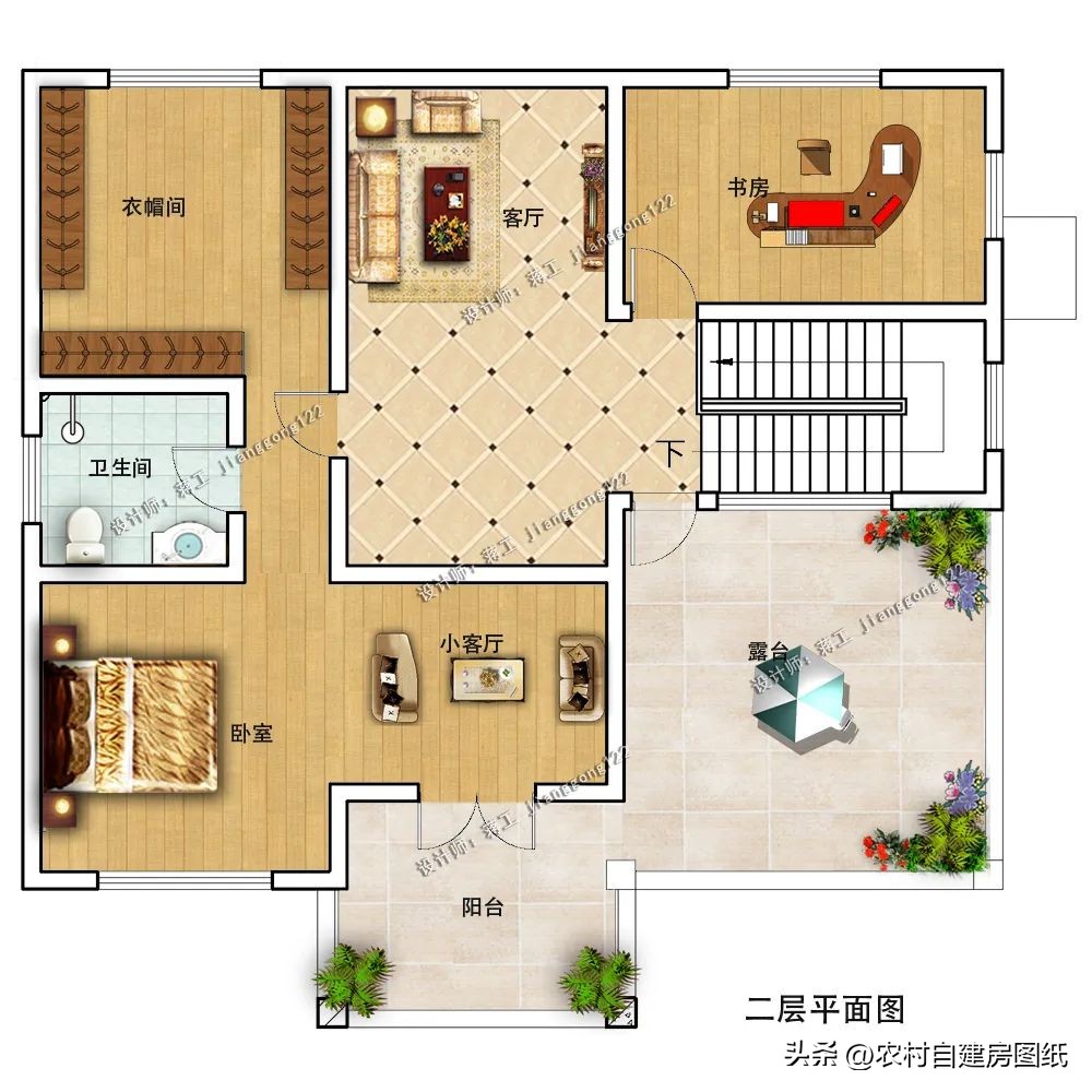 北方农村一层五间平屋顶,二层实用户型农村自建房别墅设计