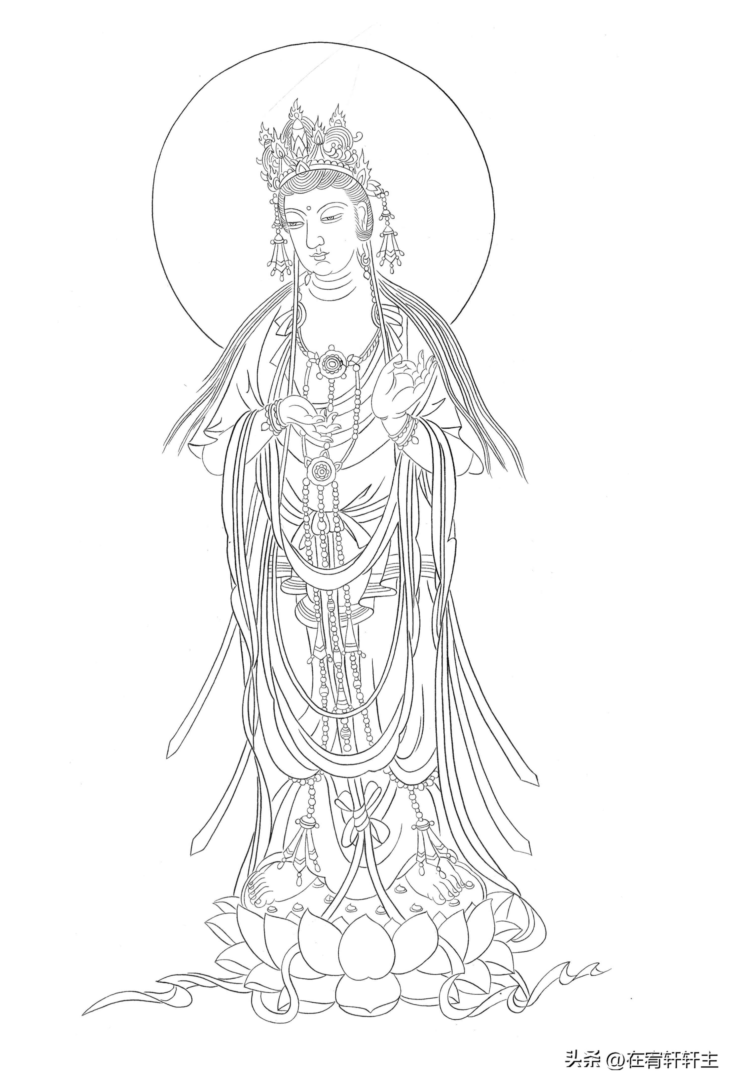 工笔白描观音苏柏斗,工笔画国画白描观音