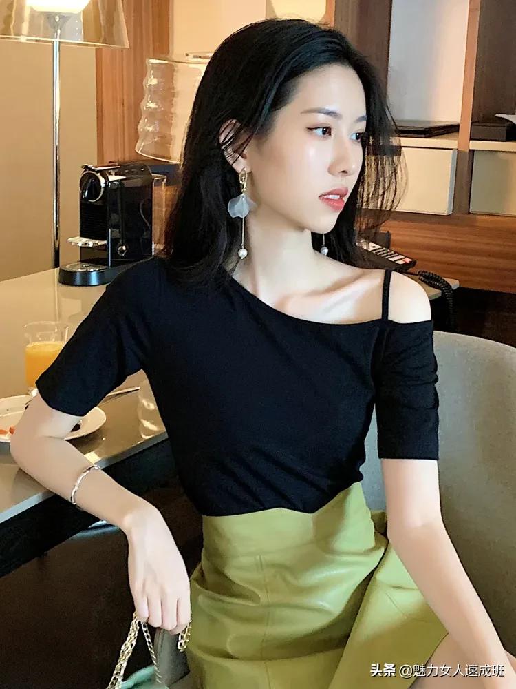 一字肩t恤上衣高级感春款,露肩上衣新款一字肩短袖