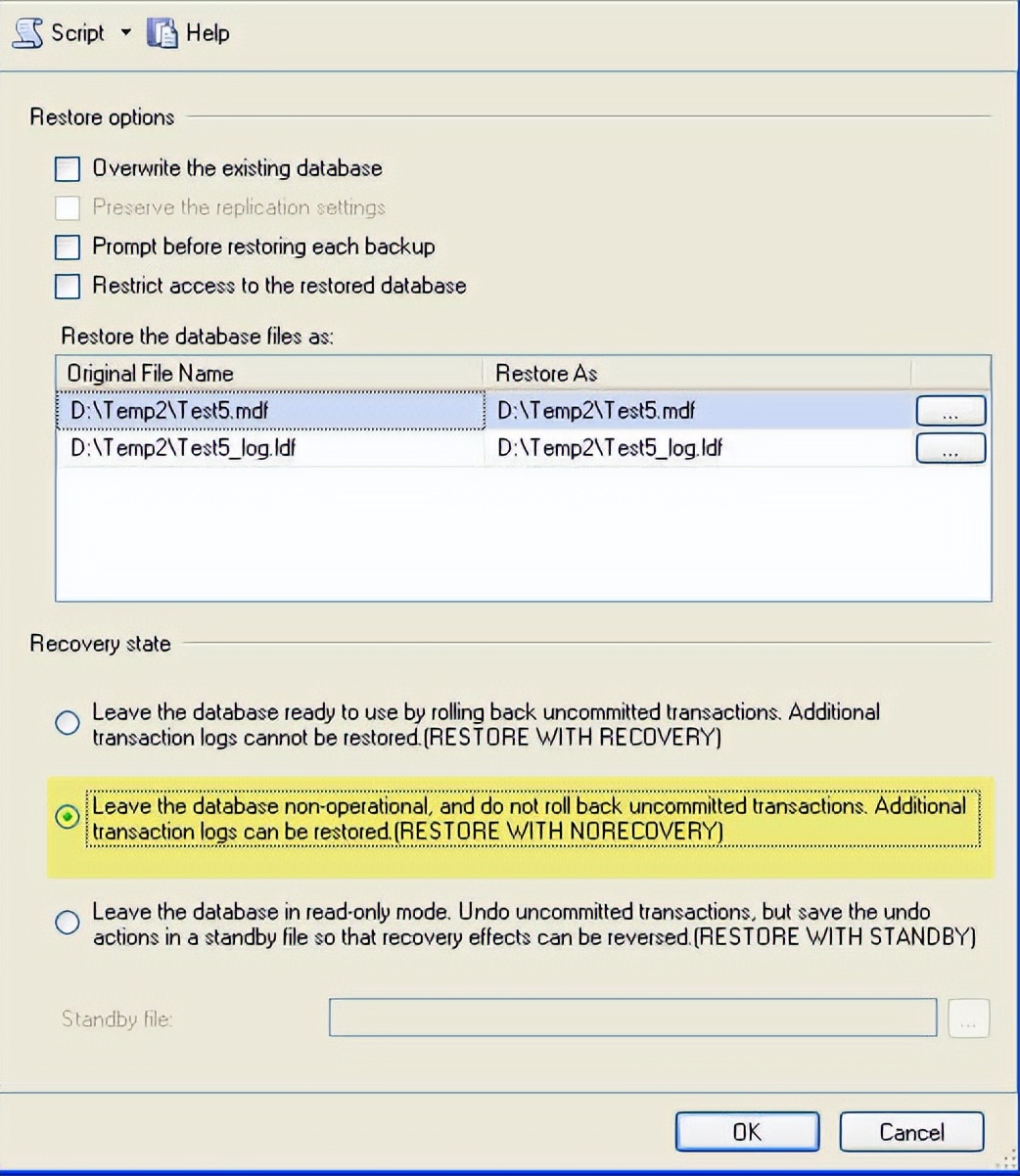 SQLSERVER恢复命令restore总结